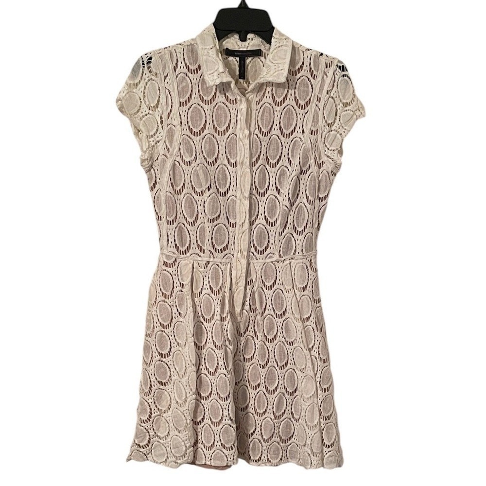 BCBGMaxazria Women's White‎ Nude Lining Kiran Collared Lace Mini Dress Size 6